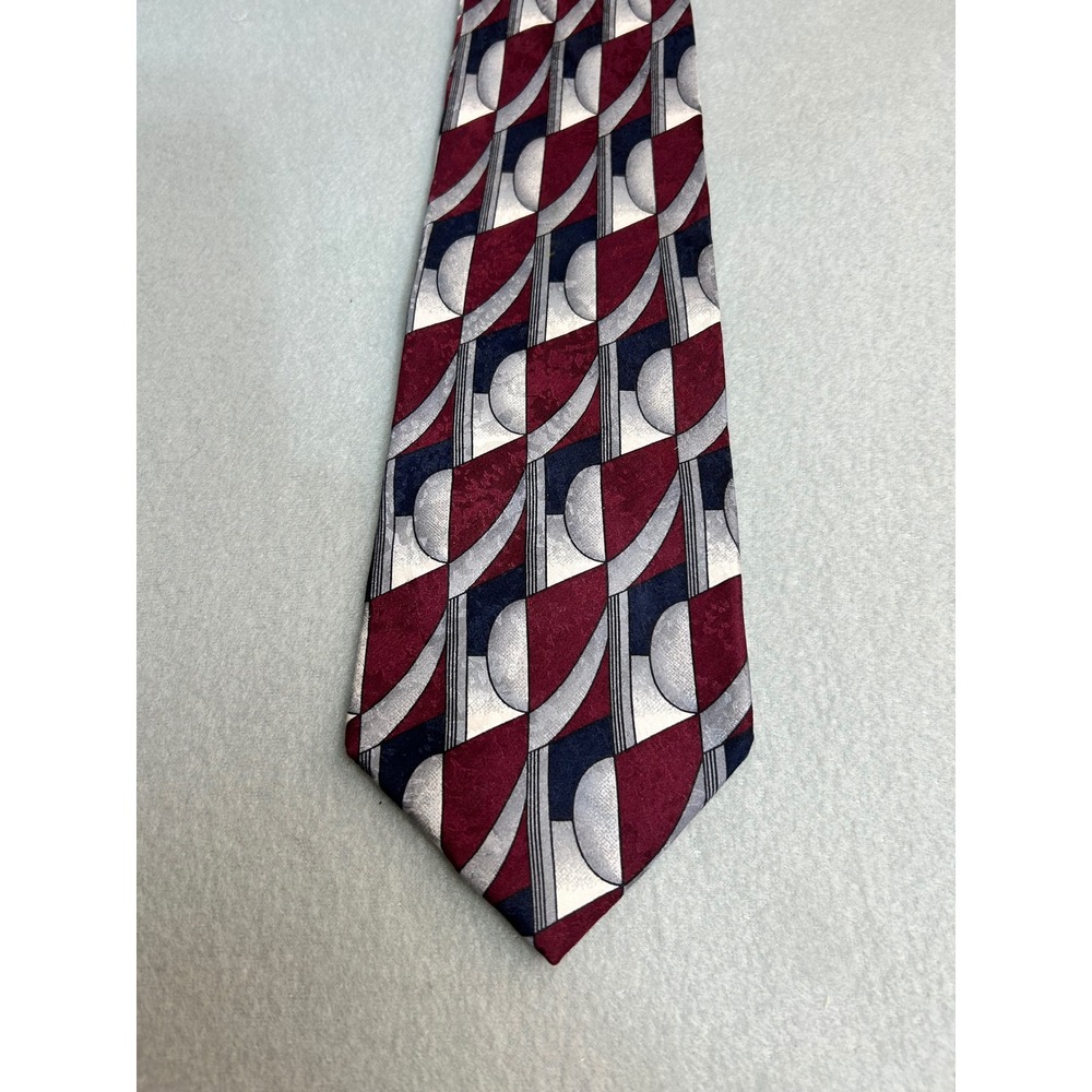 John Clarendon Silk Necktie Burgundy Geometric Abstract Art Deco Hand Made